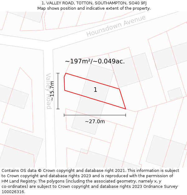 1, VALLEY ROAD, TOTTON, SOUTHAMPTON, SO40 9FJ: Plot and title map