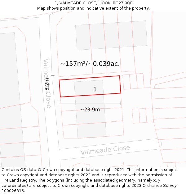 1, VALMEADE CLOSE, HOOK, RG27 9QE: Plot and title map