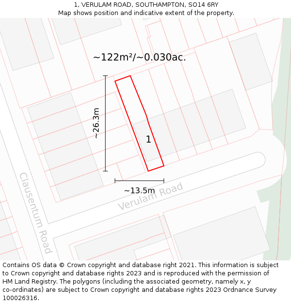 1, VERULAM ROAD, SOUTHAMPTON, SO14 6RY: Plot and title map