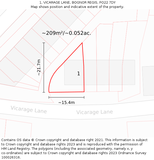 1, VICARAGE LANE, BOGNOR REGIS, PO22 7DY: Plot and title map