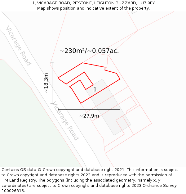 1, VICARAGE ROAD, PITSTONE, LEIGHTON BUZZARD, LU7 9EY: Plot and title map