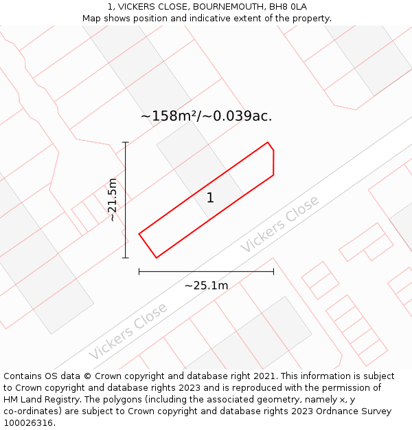 1, VICKERS CLOSE, BOURNEMOUTH, BH8 0LA: Plot and title map