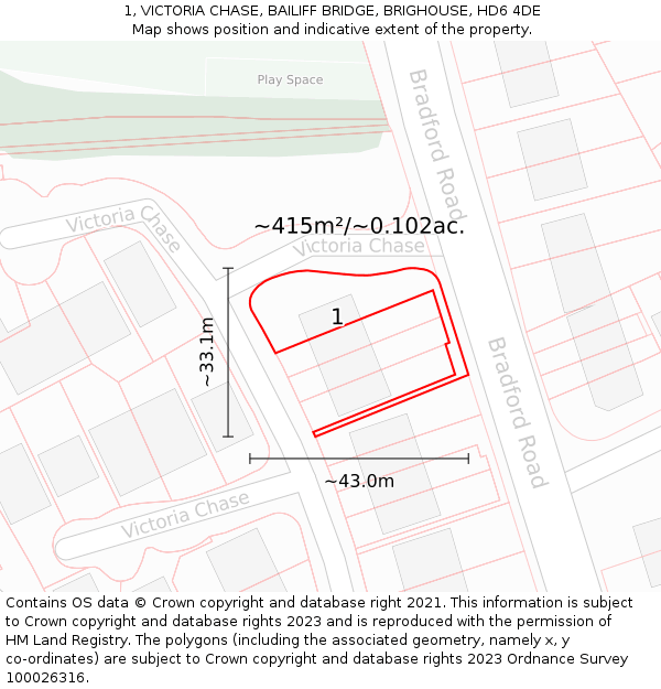 1, VICTORIA CHASE, BAILIFF BRIDGE, BRIGHOUSE, HD6 4DE: Plot and title map