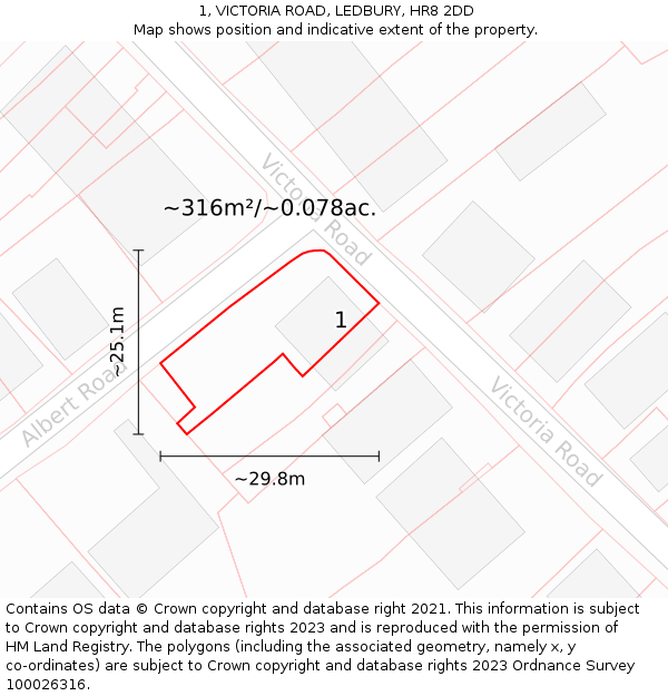 1, VICTORIA ROAD, LEDBURY, HR8 2DD: Plot and title map