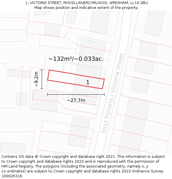 1, VICTORIA STREET, RHOSLLANERCHRUGOG, WREXHAM, LL14 2BU: Plot and title map