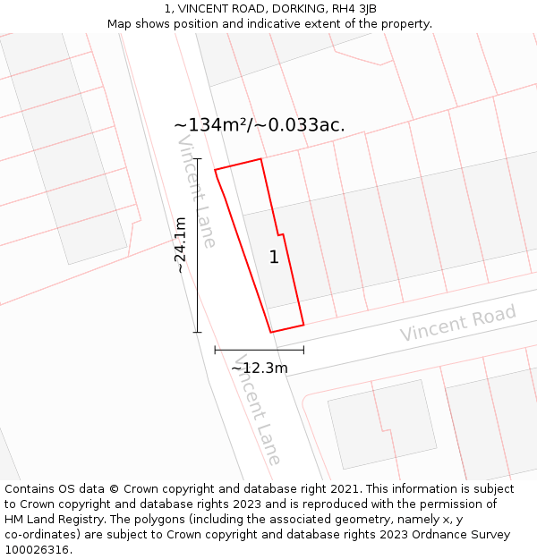 1, VINCENT ROAD, DORKING, RH4 3JB: Plot and title map