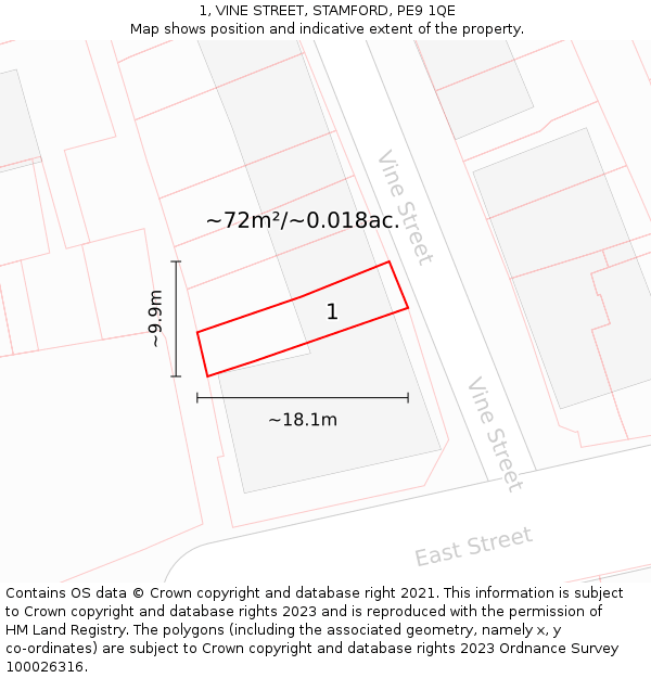 1, VINE STREET, STAMFORD, PE9 1QE: Plot and title map