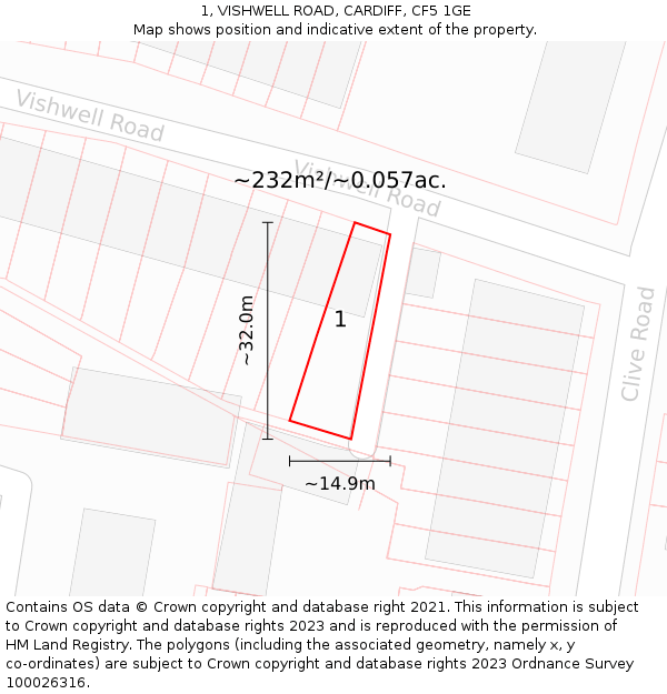 1, VISHWELL ROAD, CARDIFF, CF5 1GE: Plot and title map