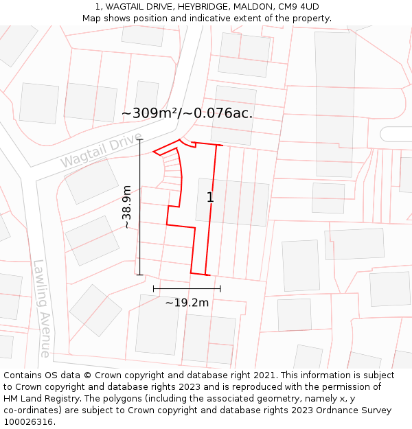 1, WAGTAIL DRIVE, HEYBRIDGE, MALDON, CM9 4UD: Plot and title map