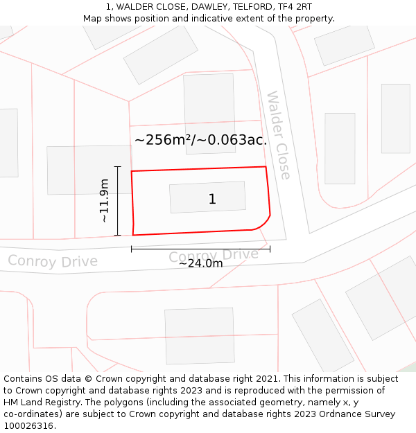 1, WALDER CLOSE, DAWLEY, TELFORD, TF4 2RT: Plot and title map