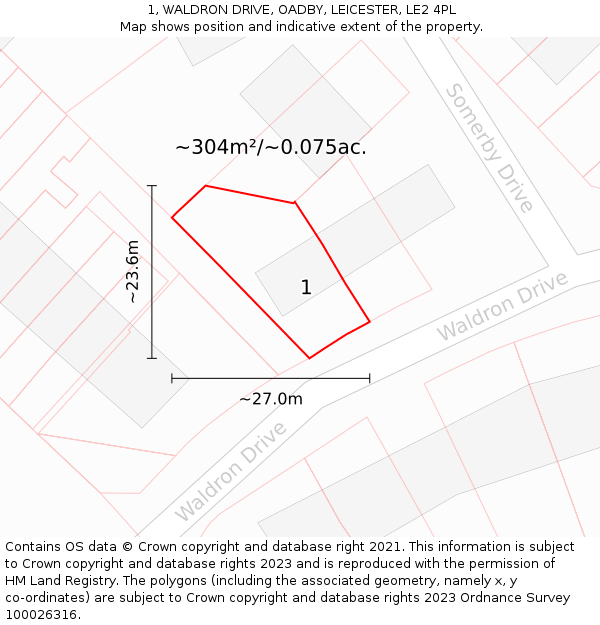 1, WALDRON DRIVE, OADBY, LEICESTER, LE2 4PL: Plot and title map