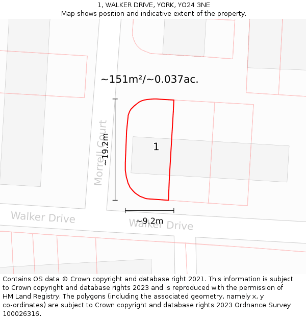 1, WALKER DRIVE, YORK, YO24 3NE: Plot and title map