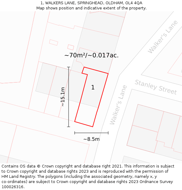 1, WALKERS LANE, SPRINGHEAD, OLDHAM, OL4 4QA: Plot and title map