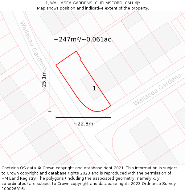 1, WALLASEA GARDENS, CHELMSFORD, CM1 6JY: Plot and title map