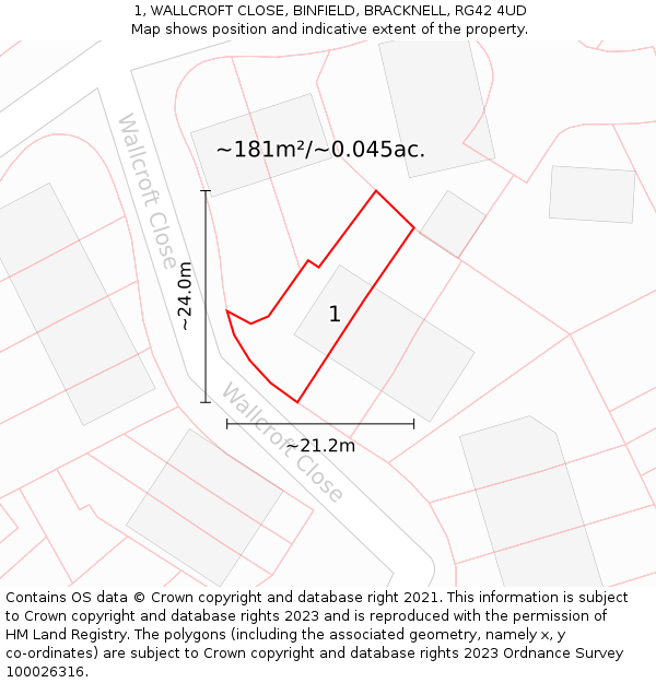 1, WALLCROFT CLOSE, BINFIELD, BRACKNELL, RG42 4UD: Plot and title map