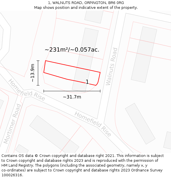1, WALNUTS ROAD, ORPINGTON, BR6 0RG: Plot and title map