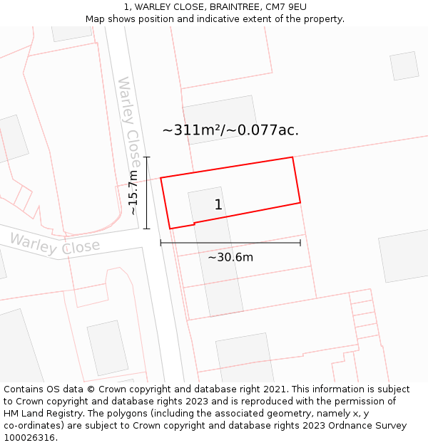 1, WARLEY CLOSE, BRAINTREE, CM7 9EU: Plot and title map