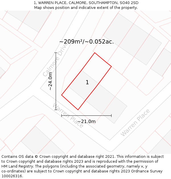 1, WARREN PLACE, CALMORE, SOUTHAMPTON, SO40 2SD: Plot and title map