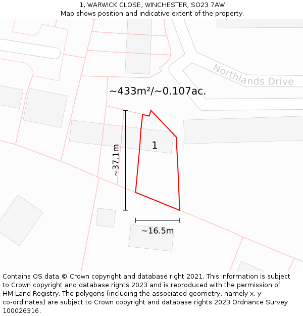 1, WARWICK CLOSE, WINCHESTER, SO23 7AW: Plot and title map