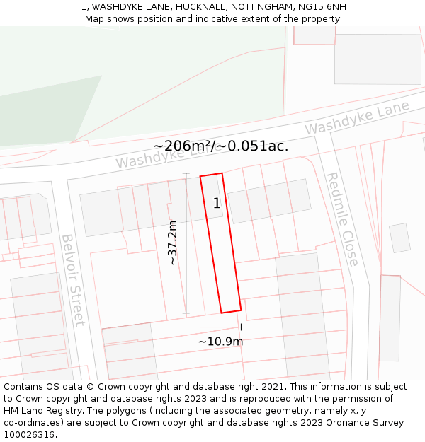 1, WASHDYKE LANE, HUCKNALL, NOTTINGHAM, NG15 6NH: Plot and title map