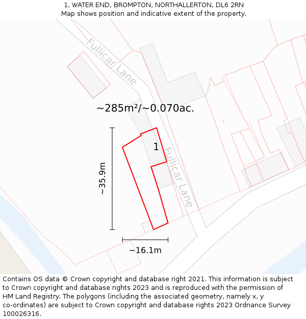 1, WATER END, BROMPTON, NORTHALLERTON, DL6 2RN: Plot and title map