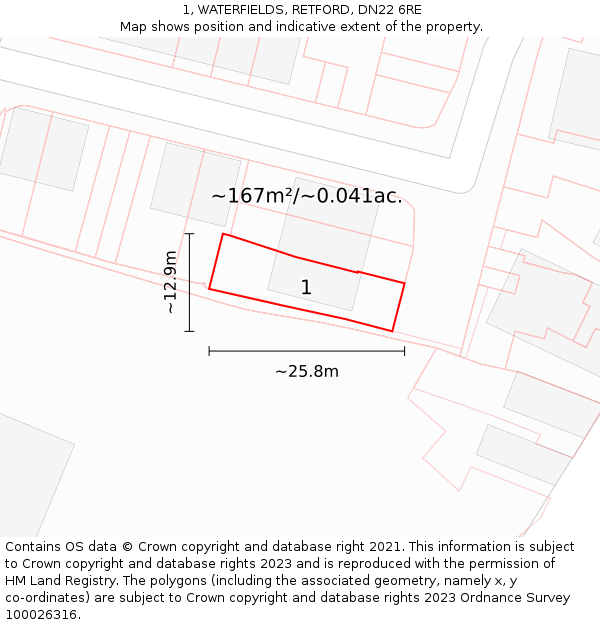 1, WATERFIELDS, RETFORD, DN22 6RE: Plot and title map