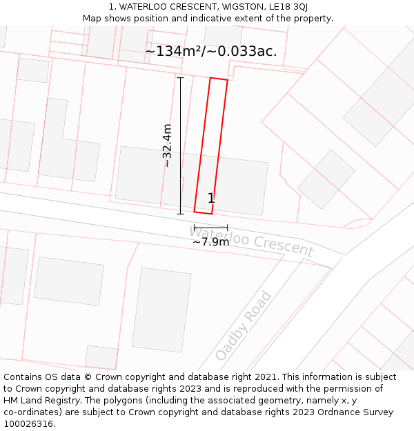 1, WATERLOO CRESCENT, WIGSTON, LE18 3QJ: Plot and title map