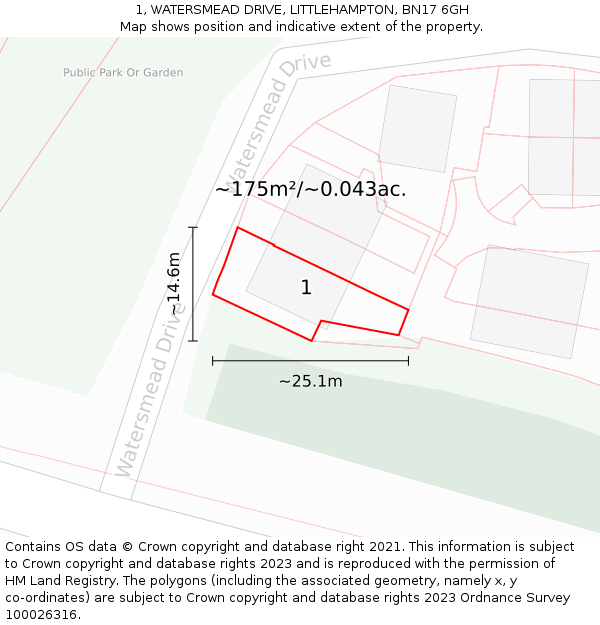1, WATERSMEAD DRIVE, LITTLEHAMPTON, BN17 6GH: Plot and title map