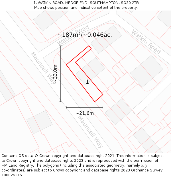 1, WATKIN ROAD, HEDGE END, SOUTHAMPTON, SO30 2TB: Plot and title map