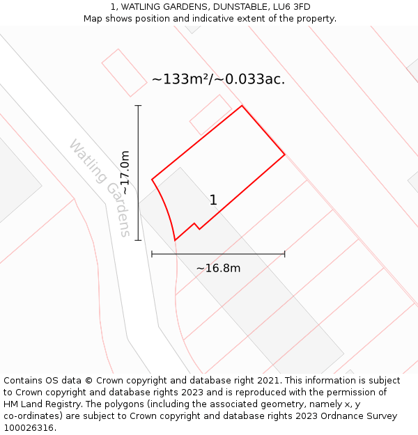 1, WATLING GARDENS, DUNSTABLE, LU6 3FD: Plot and title map