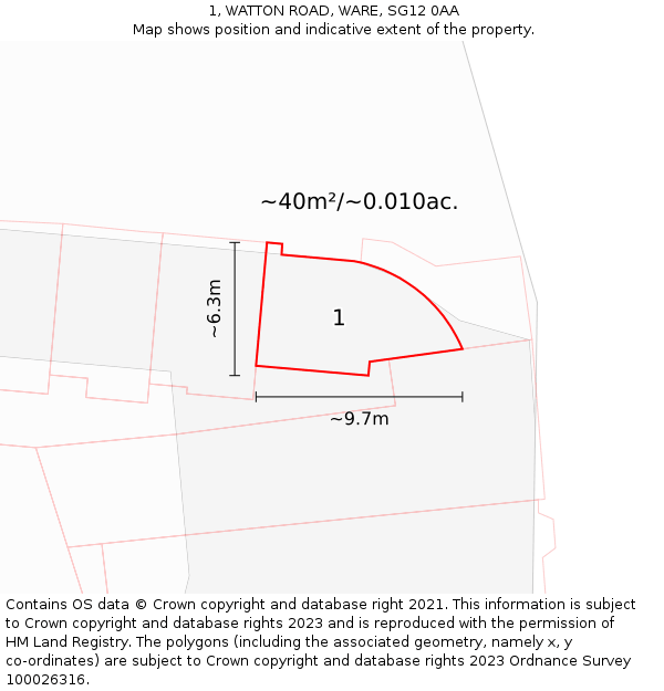 1, WATTON ROAD, WARE, SG12 0AA: Plot and title map