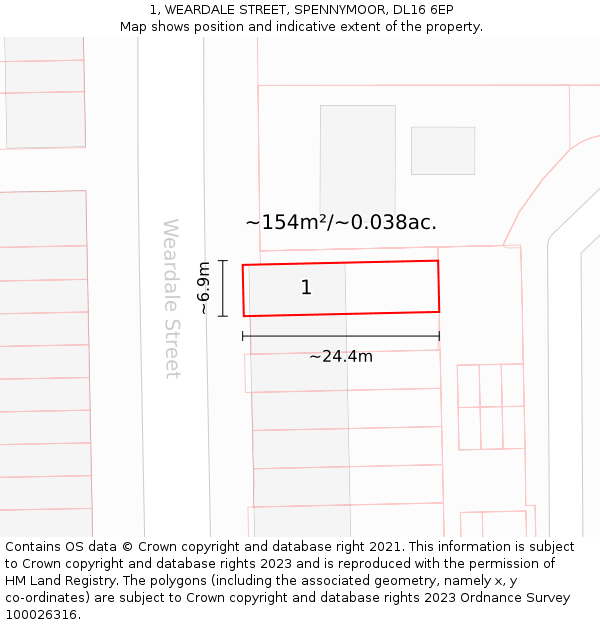 1, WEARDALE STREET, SPENNYMOOR, DL16 6EP: Plot and title map