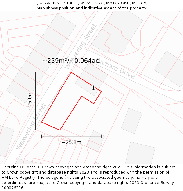 1, WEAVERING STREET, WEAVERING, MAIDSTONE, ME14 5JF: Plot and title map