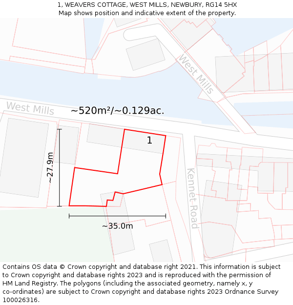1, WEAVERS COTTAGE, WEST MILLS, NEWBURY, RG14 5HX: Plot and title map