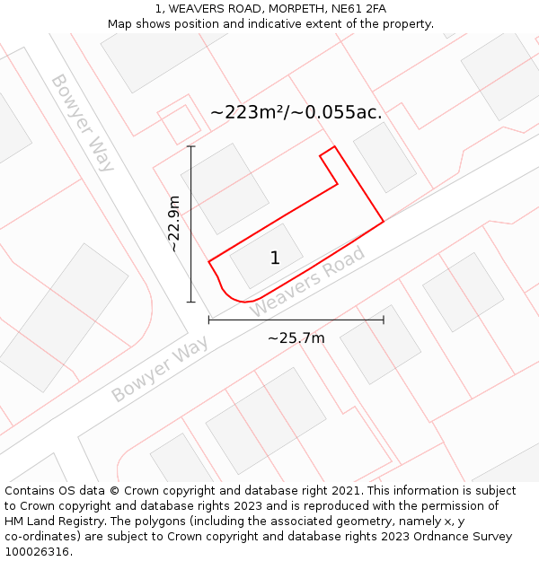1, WEAVERS ROAD, MORPETH, NE61 2FA: Plot and title map