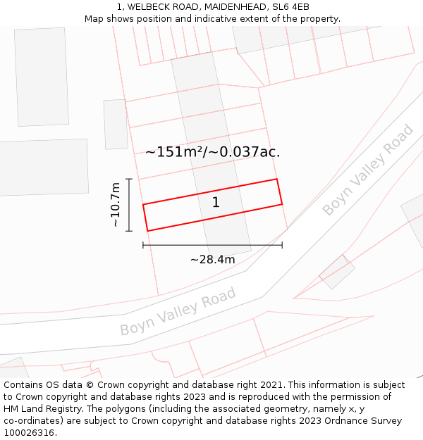 1, WELBECK ROAD, MAIDENHEAD, SL6 4EB: Plot and title map