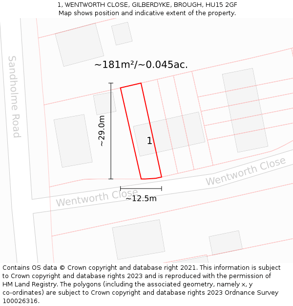1, WENTWORTH CLOSE, GILBERDYKE, BROUGH, HU15 2GF: Plot and title map