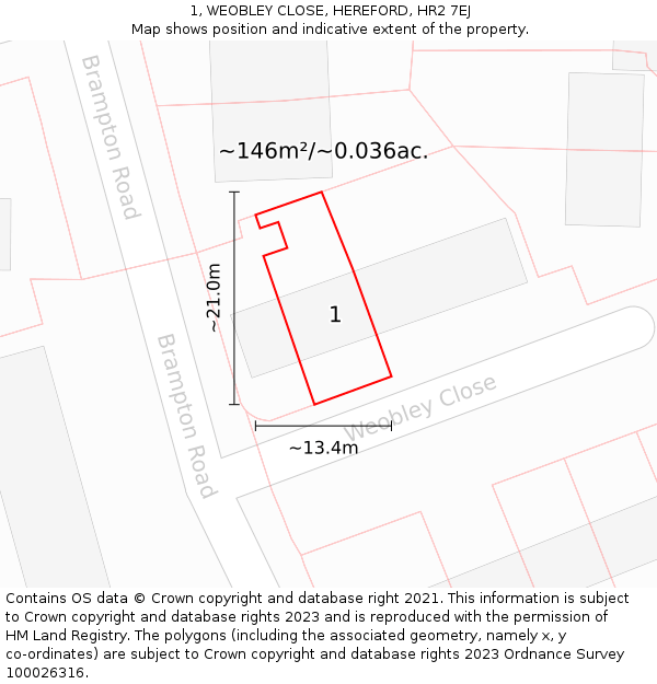 1, WEOBLEY CLOSE, HEREFORD, HR2 7EJ: Plot and title map