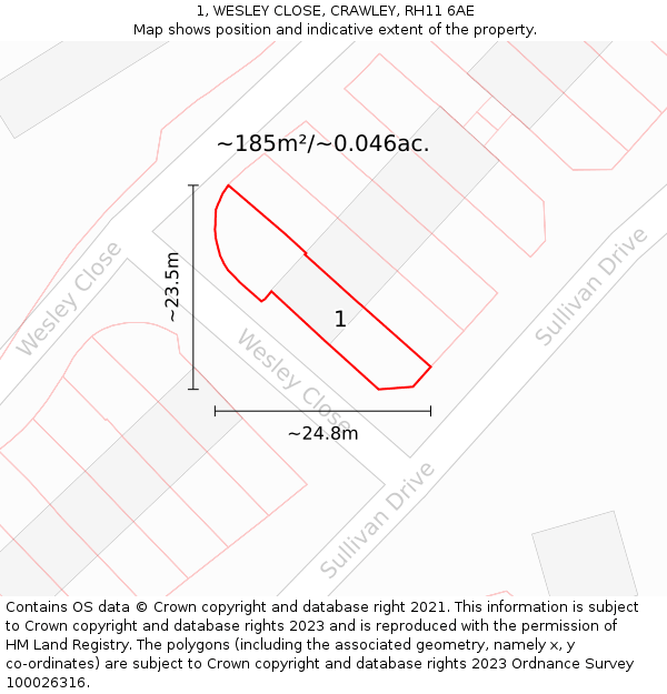 1, WESLEY CLOSE, CRAWLEY, RH11 6AE: Plot and title map