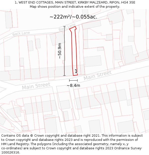 1, WEST END COTTAGES, MAIN STREET, KIRKBY MALZEARD, RIPON, HG4 3SE: Plot and title map