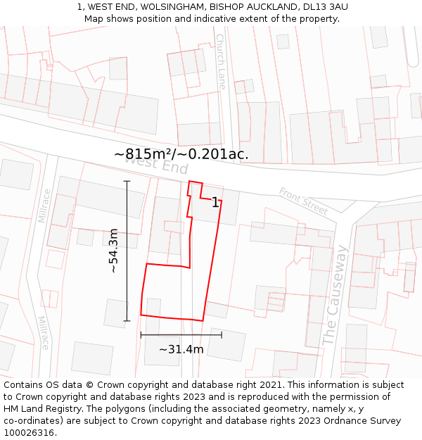 1, WEST END, WOLSINGHAM, BISHOP AUCKLAND, DL13 3AU: Plot and title map