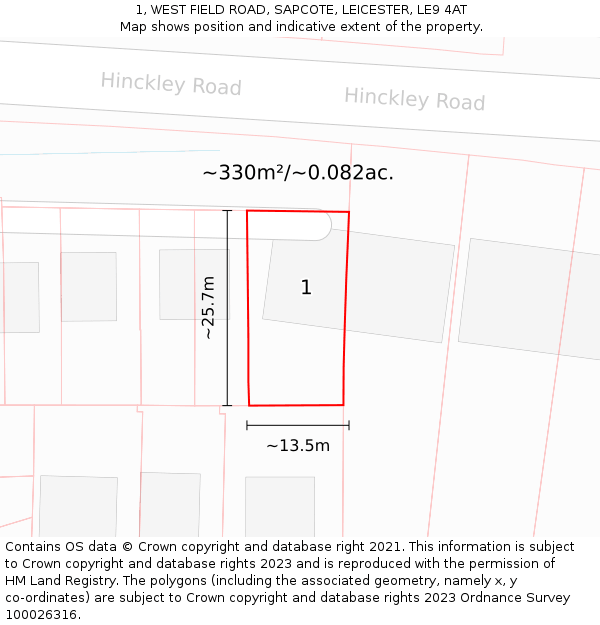 1, WEST FIELD ROAD, SAPCOTE, LEICESTER, LE9 4AT: Plot and title map