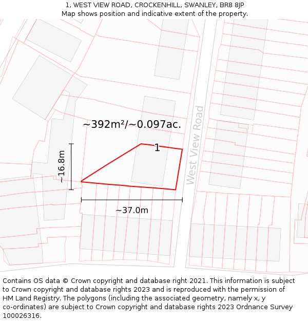 1, WEST VIEW ROAD, CROCKENHILL, SWANLEY, BR8 8JP: Plot and title map