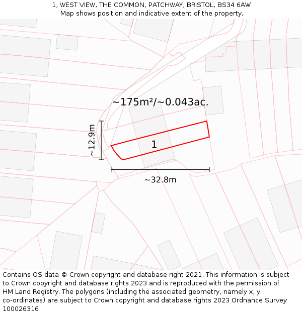 1, WEST VIEW, THE COMMON, PATCHWAY, BRISTOL, BS34 6AW: Plot and title map