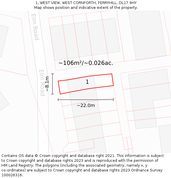 1, WEST VIEW, WEST CORNFORTH, FERRYHILL, DL17 9HY: Plot and title map