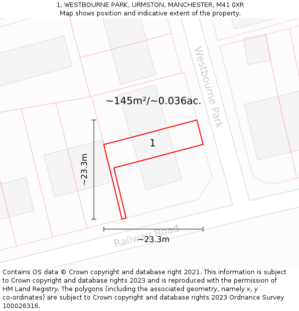 1, WESTBOURNE PARK, URMSTON, MANCHESTER, M41 0XR: Plot and title map