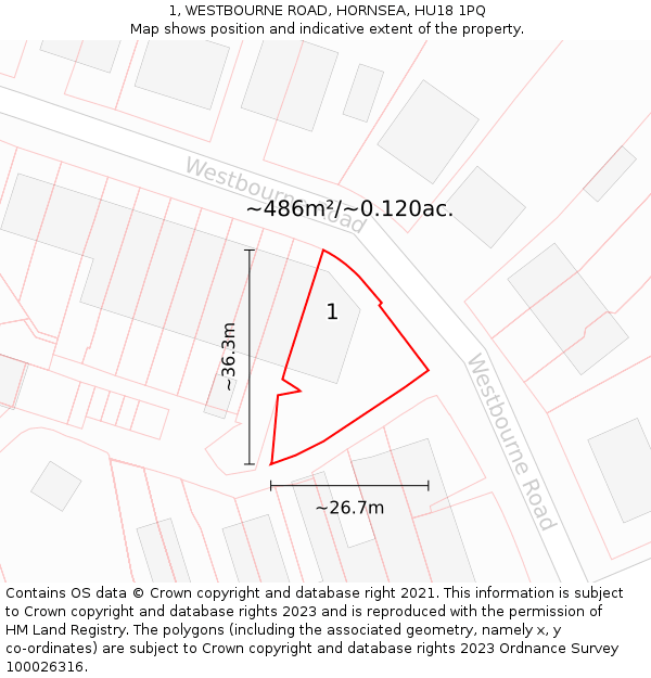 1, WESTBOURNE ROAD, HORNSEA, HU18 1PQ: Plot and title map