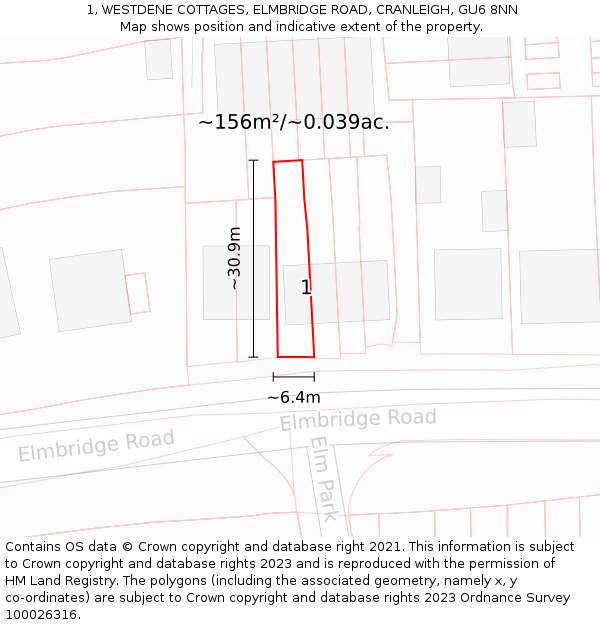 1, WESTDENE COTTAGES, ELMBRIDGE ROAD, CRANLEIGH, GU6 8NN: Plot and title map