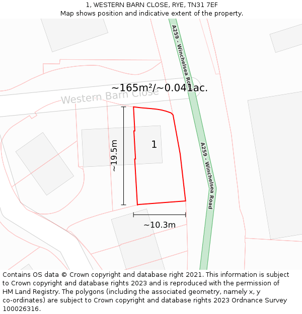 1, WESTERN BARN CLOSE, RYE, TN31 7EF: Plot and title map