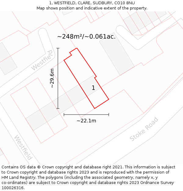 1, WESTFIELD, CLARE, SUDBURY, CO10 8NU: Plot and title map